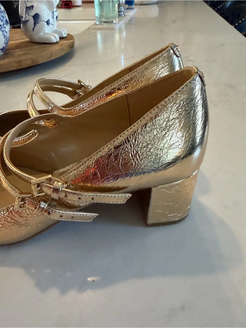 Michael Kors Crinkled Gold Double-Strap Mary Jane Flats